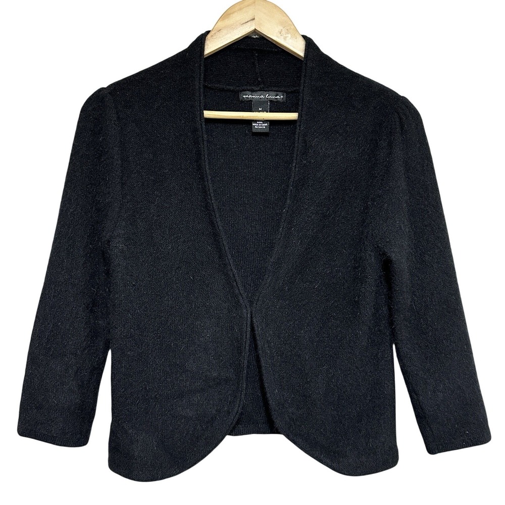 Marina Luna Angora Lamb Wool Bolero Cardigan Sweater Womens M Black Quiet Luxury